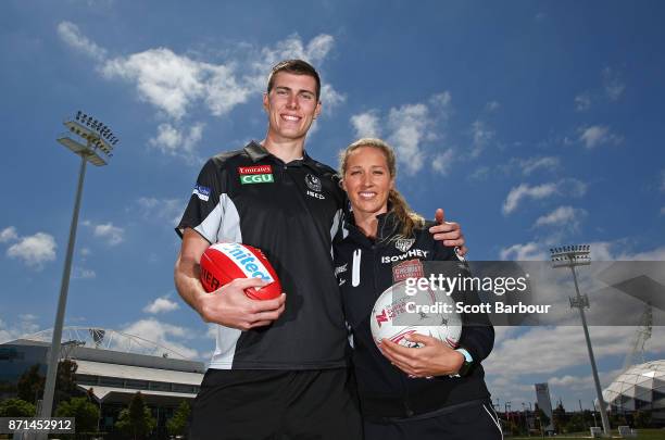 Recently re-signed ruckman/forward Mason Cox of the Magpies AFL team and the Magpies' Super Netball latest recruit Erin Bell pose during a combined...