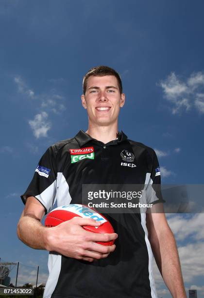 Recently re-signed ruckman/forward Mason Cox of the Magpies AFL team poses during a combined Collingwood Magpies AFL and Super Netball media session...