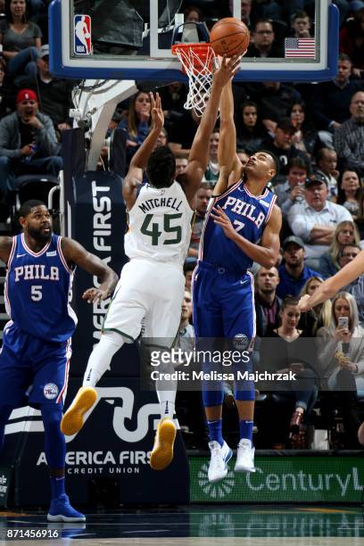 Timothe Luwawu-Cabarrot of the Philadelphia 76ers blocks the shot by Donovan Mitchell of the Utah Jazz during the game between the two teams on...