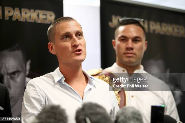 David Higgins of Duco Events speaks alongside Joseph Parker during a press conference at Duco Events Office on November 8, 2017 in Auckland, New...