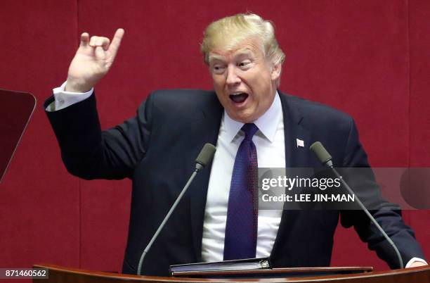 President Donald Trump addresses the National Assembly in Seoul on November 8, 2017. Trump's marathon Asia tour moves to South Korea, another key...