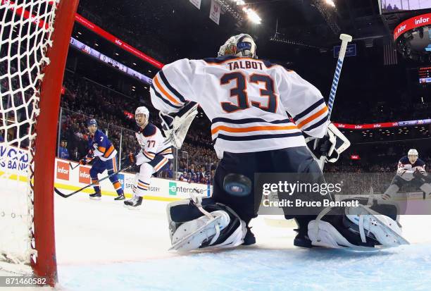 Jordan Eberle of the New York Islanders scores at 4:43 of the second period against Cam Talbot of the Edmonton Oilers at the Barclays Center on...