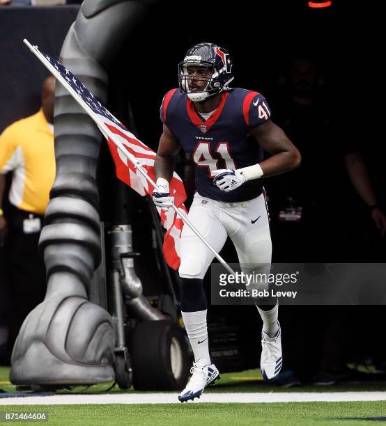Zach Cunningham of the Houston Texans introduced on Salute to Services day at NRG Stadium on November 5, 2017 in Houston, Texas. Indianapolis Colts...