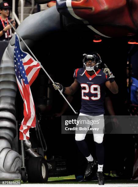 Andre Hal of the Houston Texans introduced on Salute to Services day at NRG Stadium on November 5, 2017 in Houston, Texas. Indianapolis Colts beat...