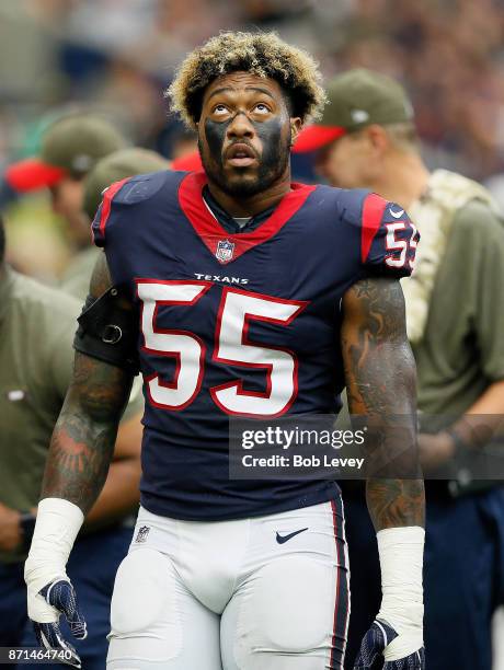 Benardrick McKinney of the Houston Texans looks at the sideboard against the Indianapolis Colts at NRG Stadium on November 5, 2017 in Houston, Texas....