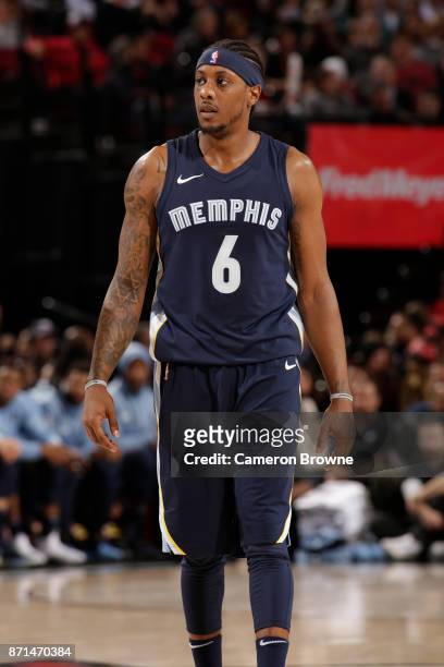 Mario Chalmers of the Memphis Grizzlies looks on against the Portland Trail Blazers on November 7, 2017 at the Moda Center in Portland, Oregon. NOTE...