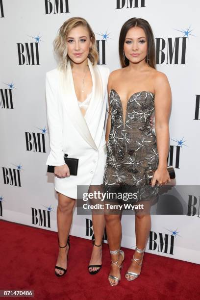 Madison Marlow and Taylor Dye of the country music duo Maddie and Tae attend the 65th Annual BMI Country awards on November 7, 2017 in Nashville,...