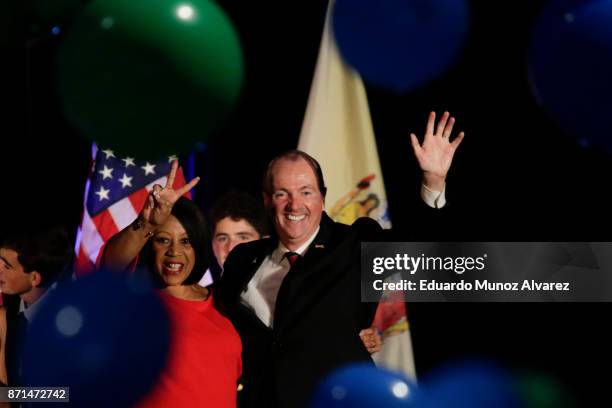 Democratic Gov.-elect Phil Murphy celebrates during an election night rally for on November 7, 2017 in Asbury Park, New Jersey. Murphy was projected...