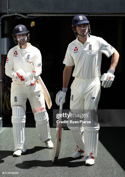 Mark Stoneman of England and Alastair Cook of England prepare to bat during the four day tour match between Cricket Australia XI and England at...