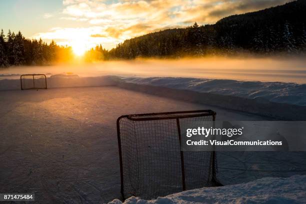 empty hockey net on frozen lake. - pond hockey stock pictures, royalty-free photos & images