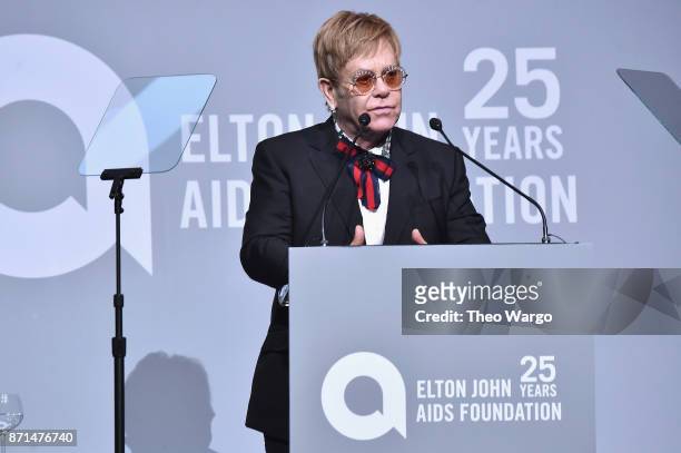 Sir Elton John speaks onstage at the Elton John AIDS Foundation Commemorates Its 25th Year And Honors Founder Sir Elton John During New York Fall...