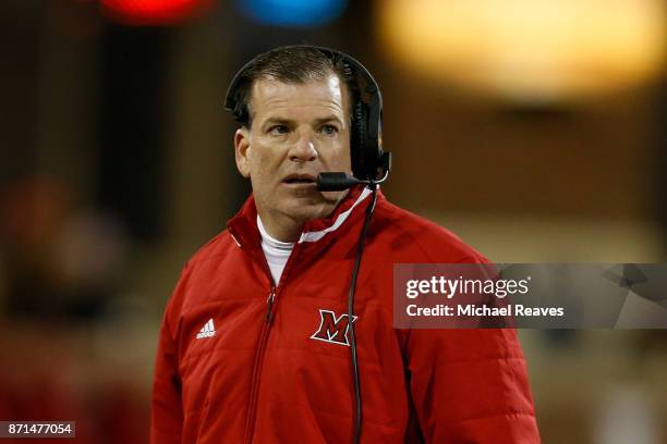 Head coach Chuck Martin of the Miami Ohio Redhawks looks on against the Akron Zips during the second half at Yager Stadium on November 7, 2017 in...