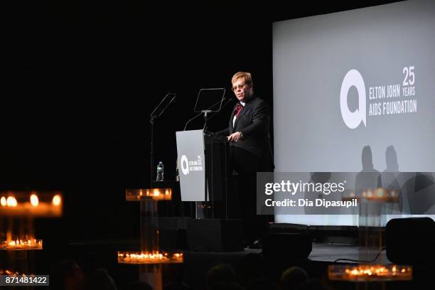 Sir Elton John speaks onstage at the Elton John AIDS Foundation 25th Year And Honors Founder Sir Elton John During New York Fall Gala - Show at...