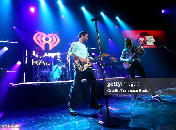 Adam Levine and James Valentine of Maroon 5 perform at the iHeartRadio Album Release Party with Maroon 5 at iHeartRadio Theater on November 7, 2017...