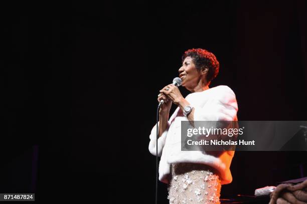 Aretha Franklin performs onstage at the Elton John AIDS Foundation Commemorates Its 25th Year And Honors Founder Sir Elton John During New York Fall...