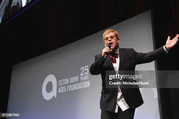 Sir Elton John speaks onstage at the Elton John AIDS Foundation Commemorates Its 25th Year And Honors Founder Sir Elton John During New York Fall...