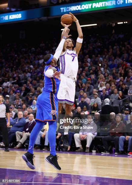 Skal Labissiere of the Sacramento Kings shoots over Carmelo Anthony of the Oklahoma City Thunder at Golden 1 Center on November 7, 2017 in...