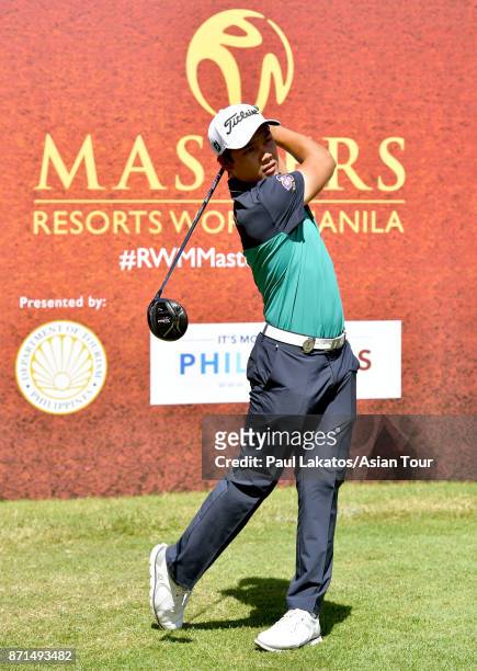Natipong Srithong of Thailand plays a shot during practice for the Resorts World Manila Masters at Manila Southwoods Golf and Country Club on...