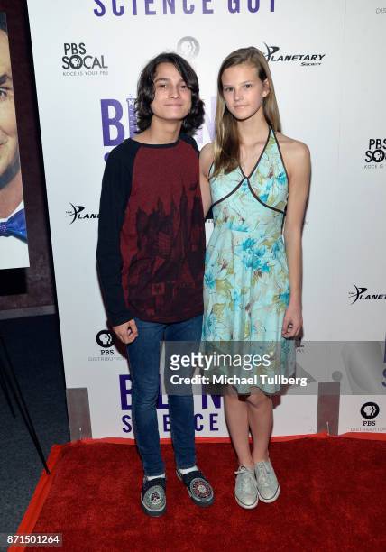 Rio Mangini and Peyton Kennedy attend the Los Angeles Premiere of 'Bill Nye Science Guy' at Westside Pavilion on November 7, 2017 in Los Angeles,...