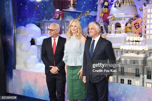 Printemps CEO Paolo Cesare, actress Nicole Kidman and general director LVMH Antonio Belloni attend the 'Le Printemps' Christmas Decorations...