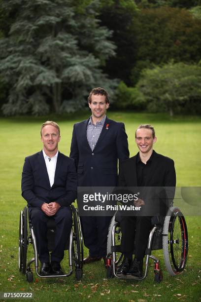 Para athletes Corey Peters, Adam Hall and Aaron Ewen pose for a portrait during the New Zealand Pyeongchang 2018 Winter Paralympic Games Athlete...