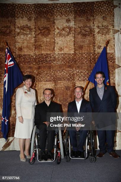 Her Excellency, The Rt Hon Dame Patsy Reddy, Governor-General of New Zealand and Para athletes Corey Peters, Adam Hall and Aaron Ewen during the New...