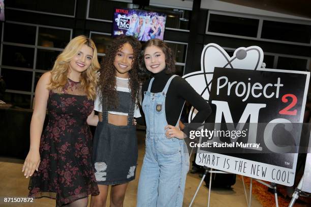 Project Mc2's cast Victoria Vida, Genneya Walton, and Mika Abdalla pose for a photo during MGA Entertainment, Cast of Netflix's Project Mc2, and...