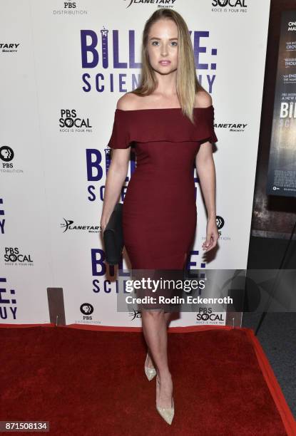 Model Genevieve Morton attends the premiere of PBS's "Bille Nye: Science Guy" at Westside Pavilion on November 7, 2017 in Los Angeles, California.