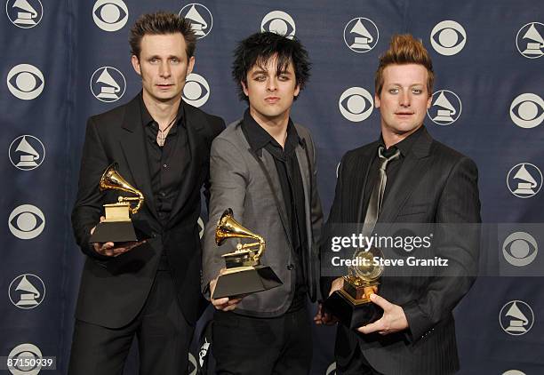 Mike Dirnt, Billie Joe Armstrong and Tre Cool of Green Day, winners of Record Of The Year for "Boulevard Of Broken Dreams"