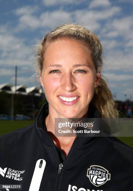 The Magpies' Super Netball latest recruit Erin Bell poses during a combined Collingwood Magpies AFL and Super Netball media session at the Glasshouse...