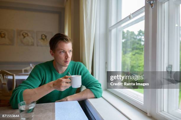 hübscher junger mann am fenster zu hause entspannen - turku stock-fotos und bilder