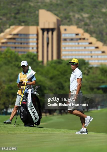 Rafa Cabrera Bello of Spain with his caddy Colin Bryne ahead of the 2017 Nedbank Golf challenge at Gary Player CC on November 07, 2017 in Sun City,...