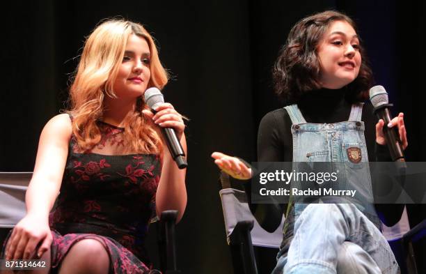 Victoria Vida and Mika Abdalla speak onstage during the MGA Entertainment, Cast of Netflix's Project Mc2, and Rashida Jones celebration of National...
