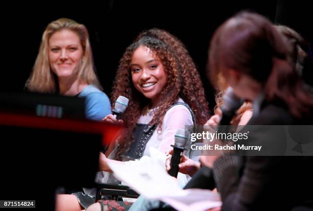 Genneya Walton speaks onstage during the MGA Entertainment, Cast of Netflix's Project Mc2, and Rashida Jones celebration of National S.T.E.A.M. Day...