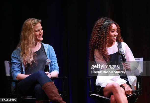 Google Software Engineer Kim Swennen and actress Genneya Walton speak onstage during the MGA Entertainment, Cast of Netflix's Project Mc2, and...
