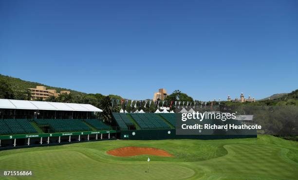 View of the 18th hole ahead of the 2017 Nedbank Golf challenge at Gary Player CC on November 07, 2017 in Sun City, South Africa.