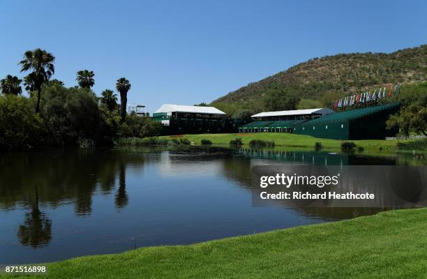 View of the 18th hole ahead of the 2017 Nedbank Golf challenge at Gary Player CC on November 07, 2017 in Sun City, South Africa.