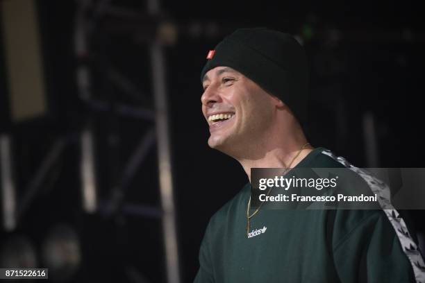 Fabrizio Tarducci AKA Fabri Fibra performs at Alcatraz on stage on November 7, 2017 in Milan, Italy.