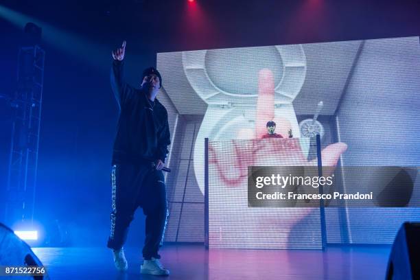 Fabrizio Tarducci AKA Fabri Fibra performs at Alcatraz on stage on November 7, 2017 in Milan, Italy.