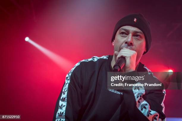 Fabrizio Tarducci AKA Fabri Fibra performs at Alcatraz on stage on November 7, 2017 in Milan, Italy.