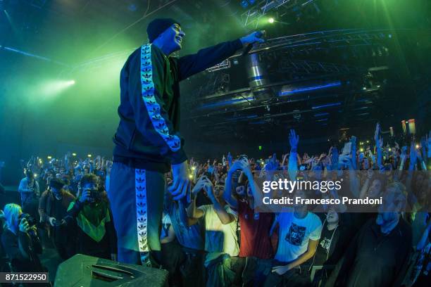 Fabrizio Tarducci AKA Fabri Fibra performs at Alcatraz on stage on November 7, 2017 in Milan, Italy.