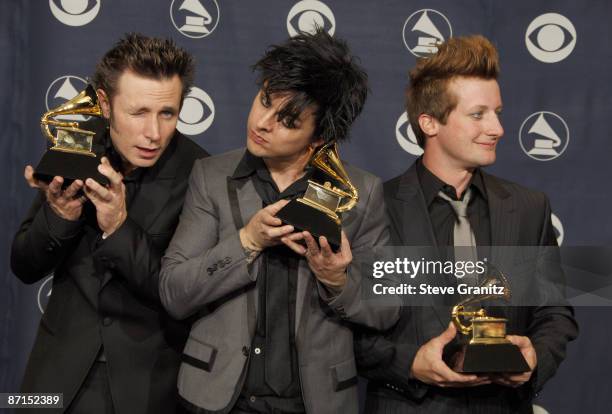 Mike Dirnt, Billie Joe Armstrong, and Tre Cool of Green Day, winners of Record Of The Year for "Boulevard Of Broken Dreams"