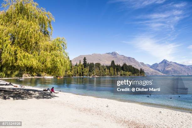 beach in queenstown by lake wakatipu in new zealand - summer new zealand fotografías e imágenes de stock