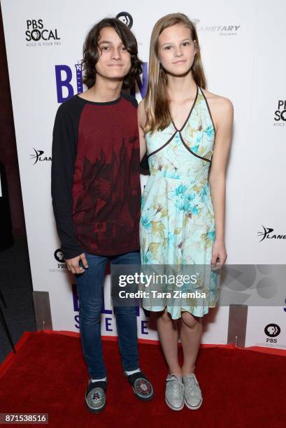 Rio Mangini and Peyton Kennedy attend the Los Angeles Premiere of 'Bill Nye Science Guy' at Westside Pavilion on November 7, 2017 in Los Angeles,...