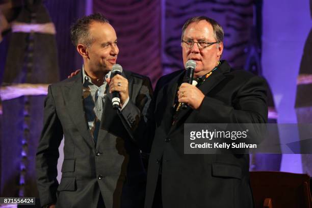 Jonas Rivera and John Lasseter speak onstage during The Walt Disney Family Museum's 3rd Annual Fundraising Gala at the Golden Gate Club on November...