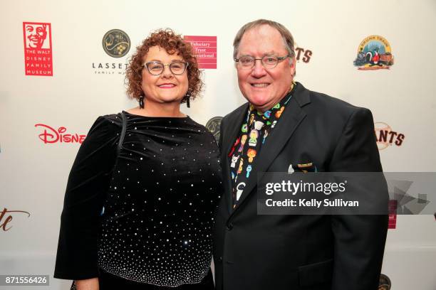 Nancy and John Lasseter pose for photos on the red carpet during The Walt Disney Family Museum's 3rd Annual Fundraising Gala at the Golden Gate Club...