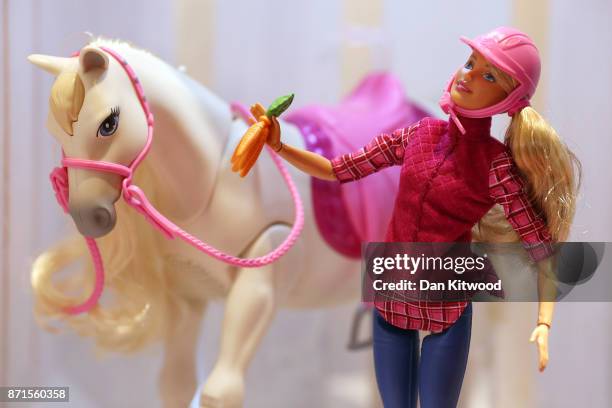 Barbie toy is displayed during a media event announcing the top 12 toys for christmas at St Mary's Church in Marylebone on November 8, 2017 in...