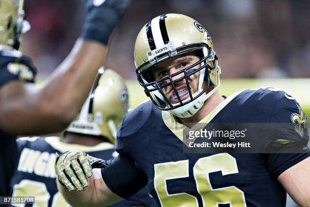 Michael Mauti of the New Orleans Saints celebrates after his team scores a touchdown during a game against the Tampa Bay Buccaneers at Mercedes-Benz...