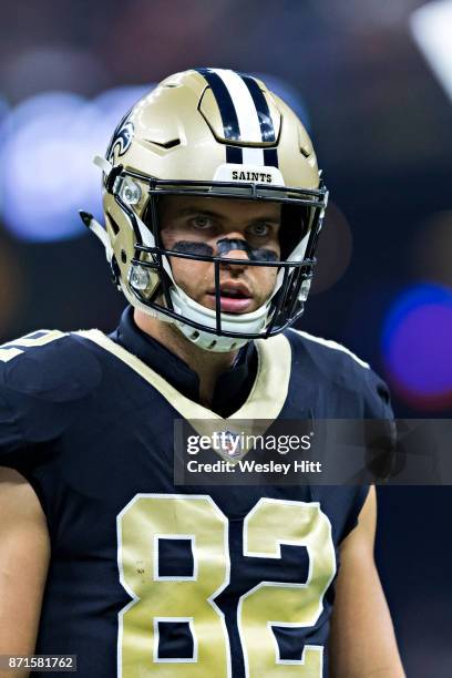 Coby Fleener of the New Orleans Saints walks to the sidelines during a game against the Tampa Bay Buccaneers at Mercedes-Benz Superdome on November...