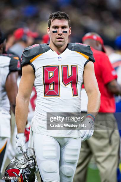 Cameron Brate of the Tampa Bay Buccaneers on the sidelines during a game against the New Orleans Saints at Mercedes-Benz Superdome on November 5,...